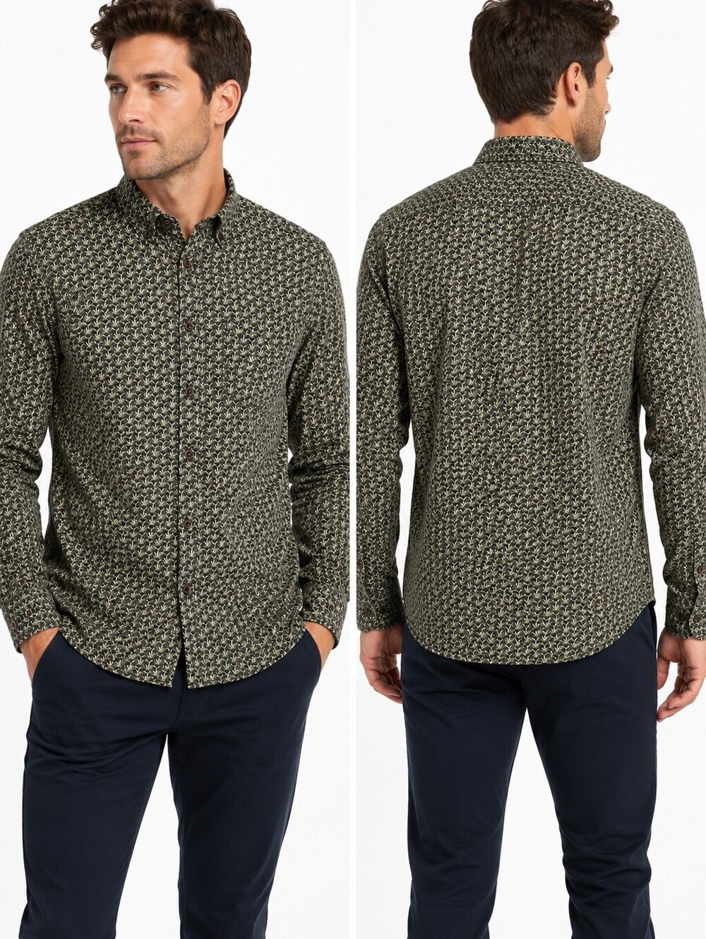 Rue Saint Patrick Men's Green Geometric Print Button-Up Long Sleeve Shirt- L